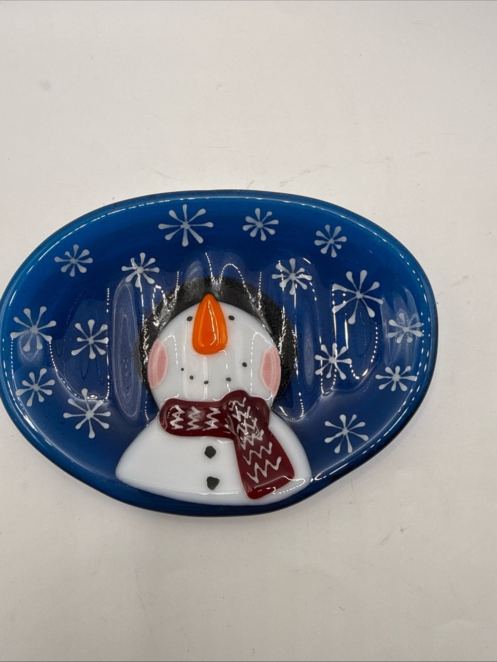 Blue Snowman Fused Glass Soap Dish - Holiday Decor
